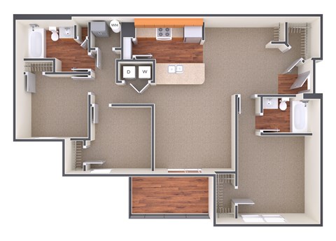 Floor plan for 3 beds, 2 baths, 1100 sqft